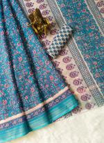 Linen Cotton Sky Blue Casual Wear Printed Saree